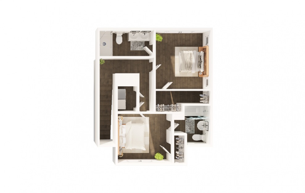 2A - 2 bedroom floorplan layout with 2.5 baths and 1254 square feet. (Interior Upper)
